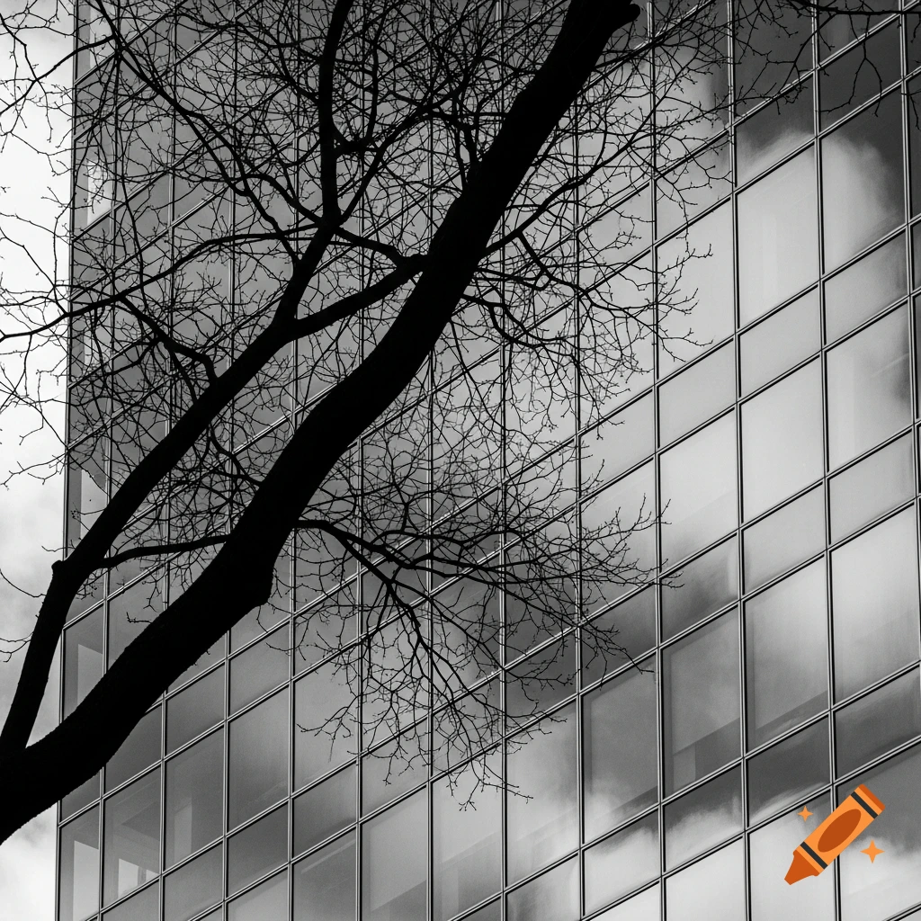 Monochrome image of dark tree branches silhouetted against a glass skyscraper reflecting clouds, creating an abstract urban composition.