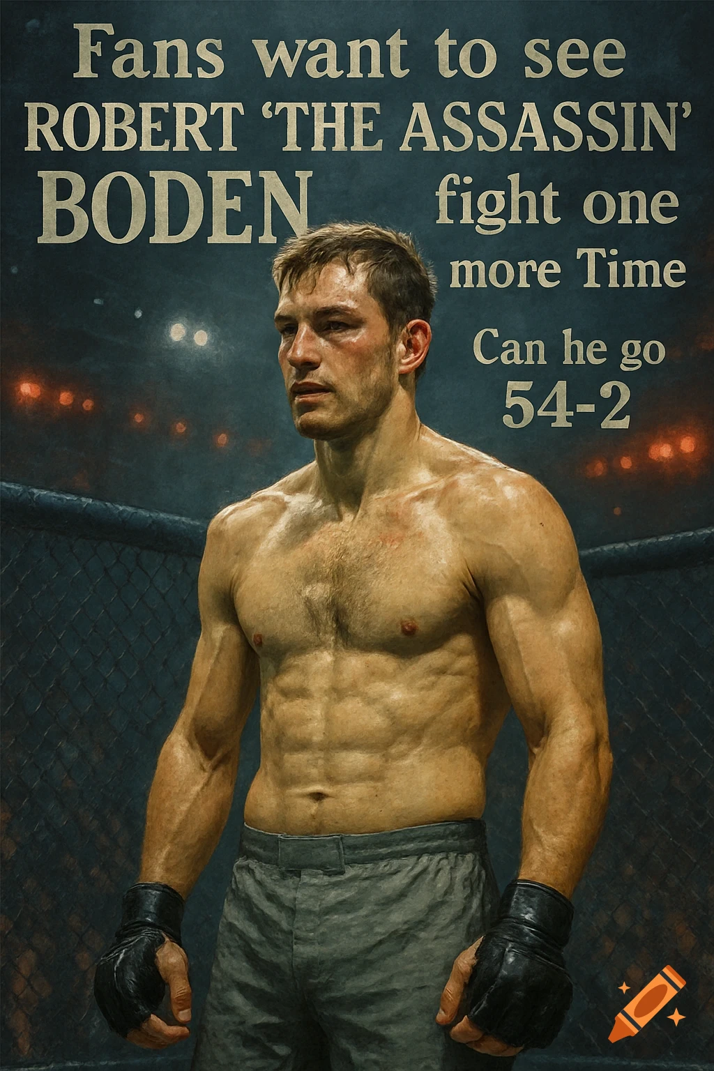 Photorealistic poster of muscular MMA fighter Robert Boden in an octagon, with headline text about his fight.