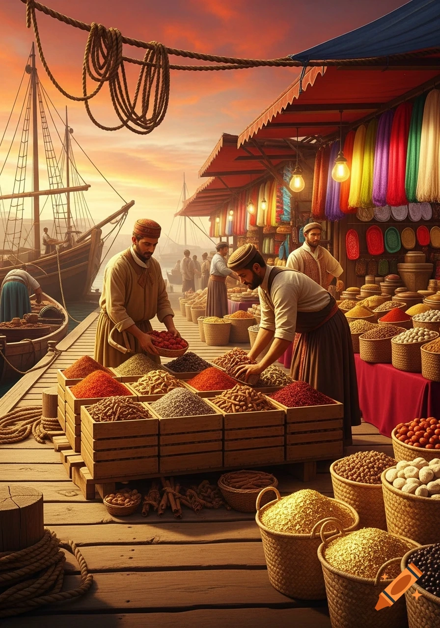 Spice traders arrange goods in crates and baskets at a dockside market, ships in the background, under a vibrant sunset.