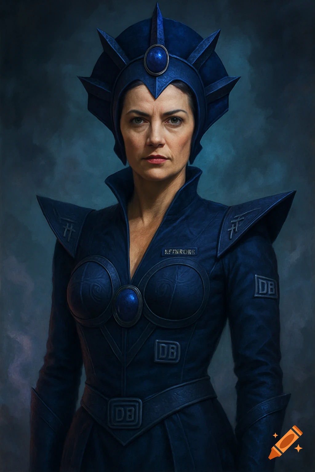 A stern woman in a dark blue, armored fantasy costume with a tall, spiked headpiece and 'DB' insignias stands against a moody background.