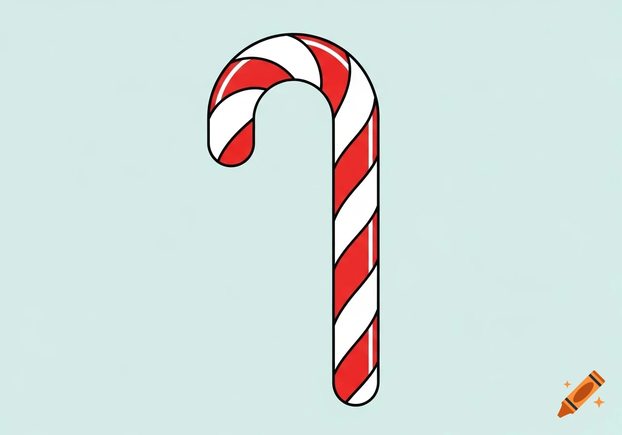 A red and white striped candy cane on a light blue background in a simple vector illustration style.