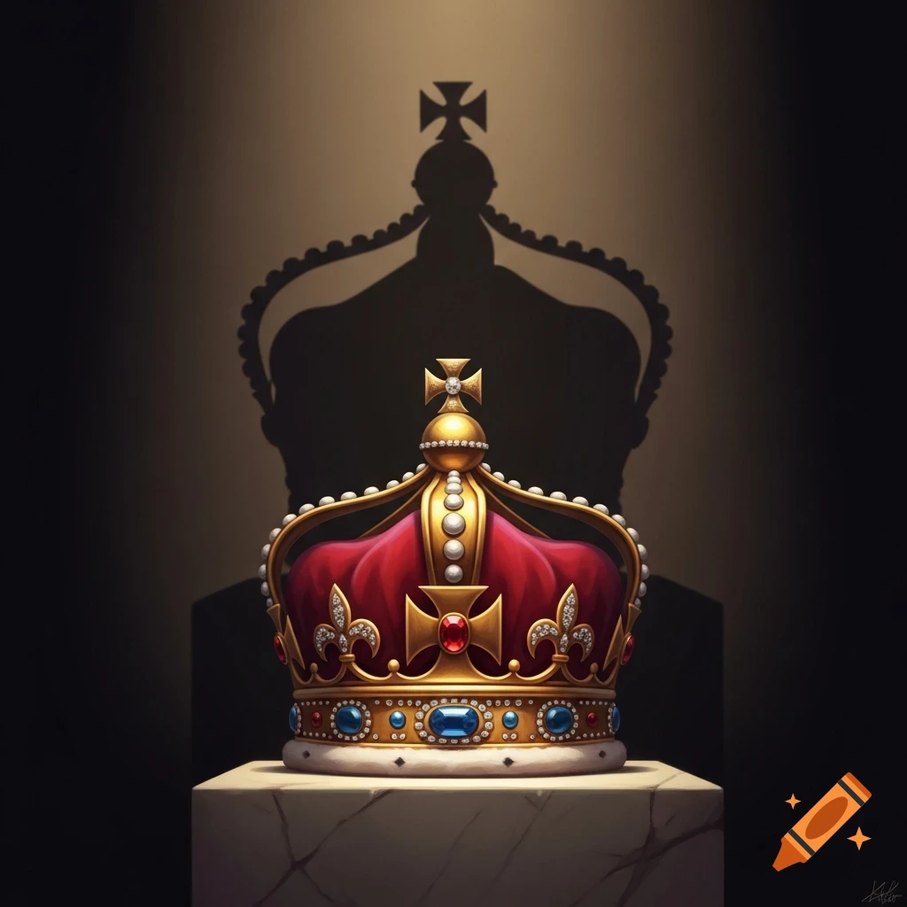 A regal crown with red velvet, gold, jewels, and pearls on a white pedestal, casting a large shadow on a dark background.