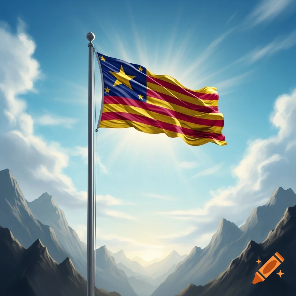 A red and yellow striped flag with a blue canton and yellow stars, flying from a flagpole against a bright blue sky over mountains.
