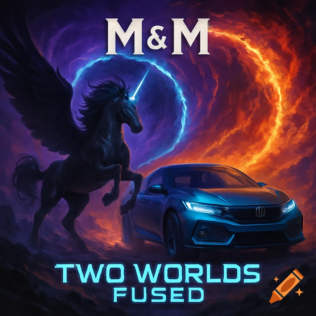 A black winged unicorn and a blue Honda Civic in a dark fantasy setting with glowing blue and orange cosmic swirls, text reads 'M&M' and 'TWO WORLDS FUSED'.