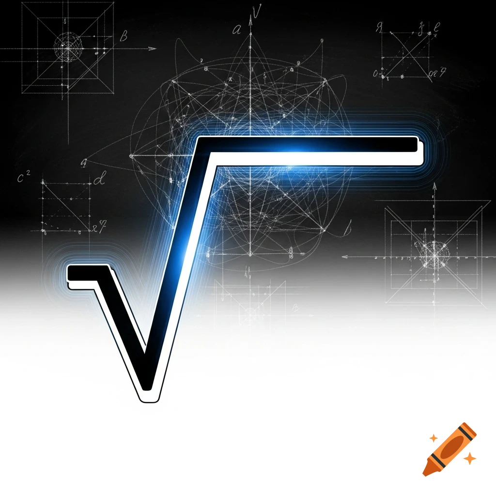 A large black square root symbol with a blue glow sits atop a dark background with white mathematical diagrams, fading to white.