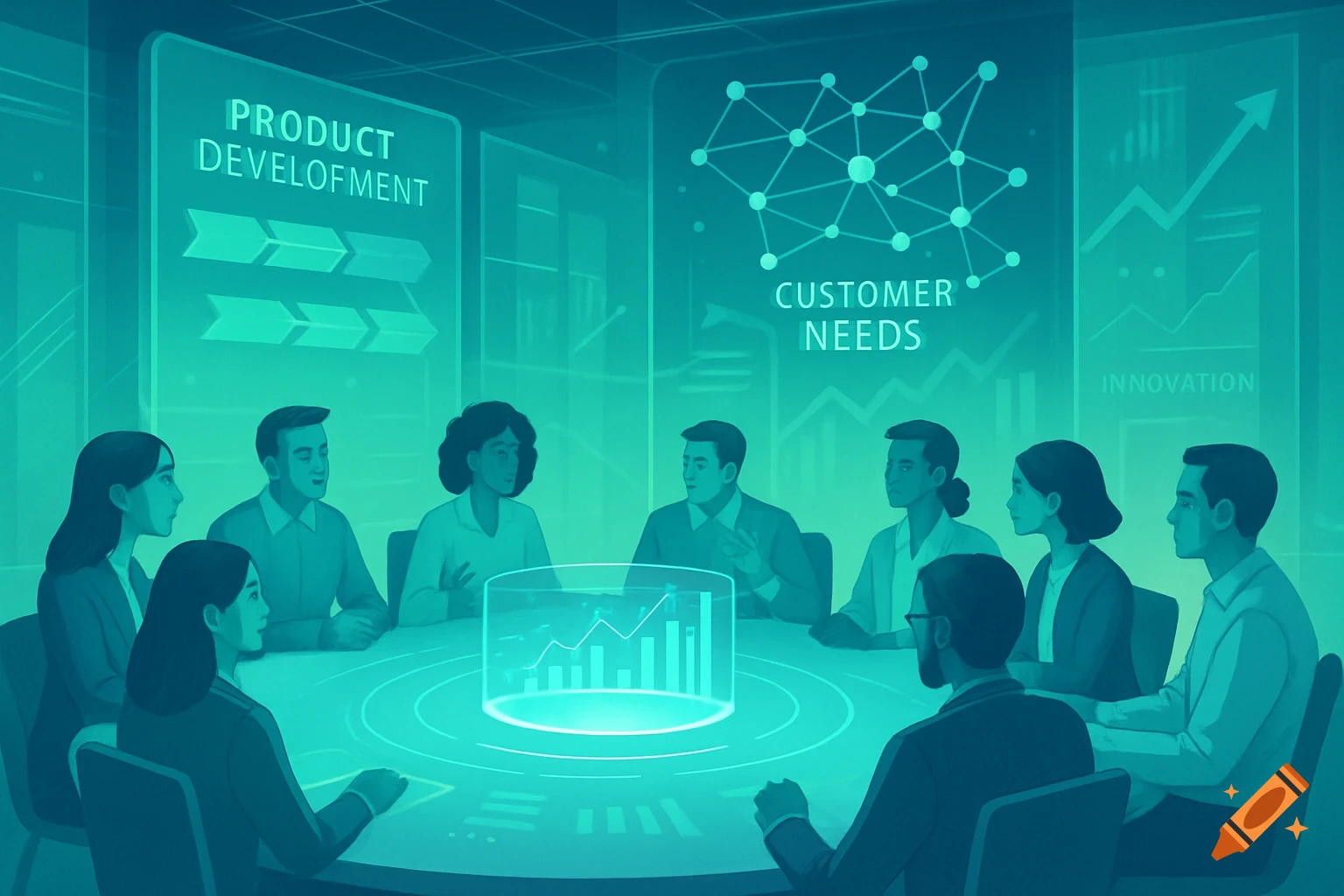 Stylized illustration of professionals in a business meeting, discussing product development, customer needs, and innovation.