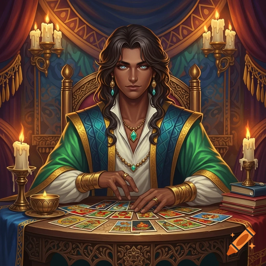 A dark-skinned male fortune teller with long dark hair and piercing blue eyes sits at an ornate table, surrounded by lit candles and tarot cards, in a rich fantasy art style.
