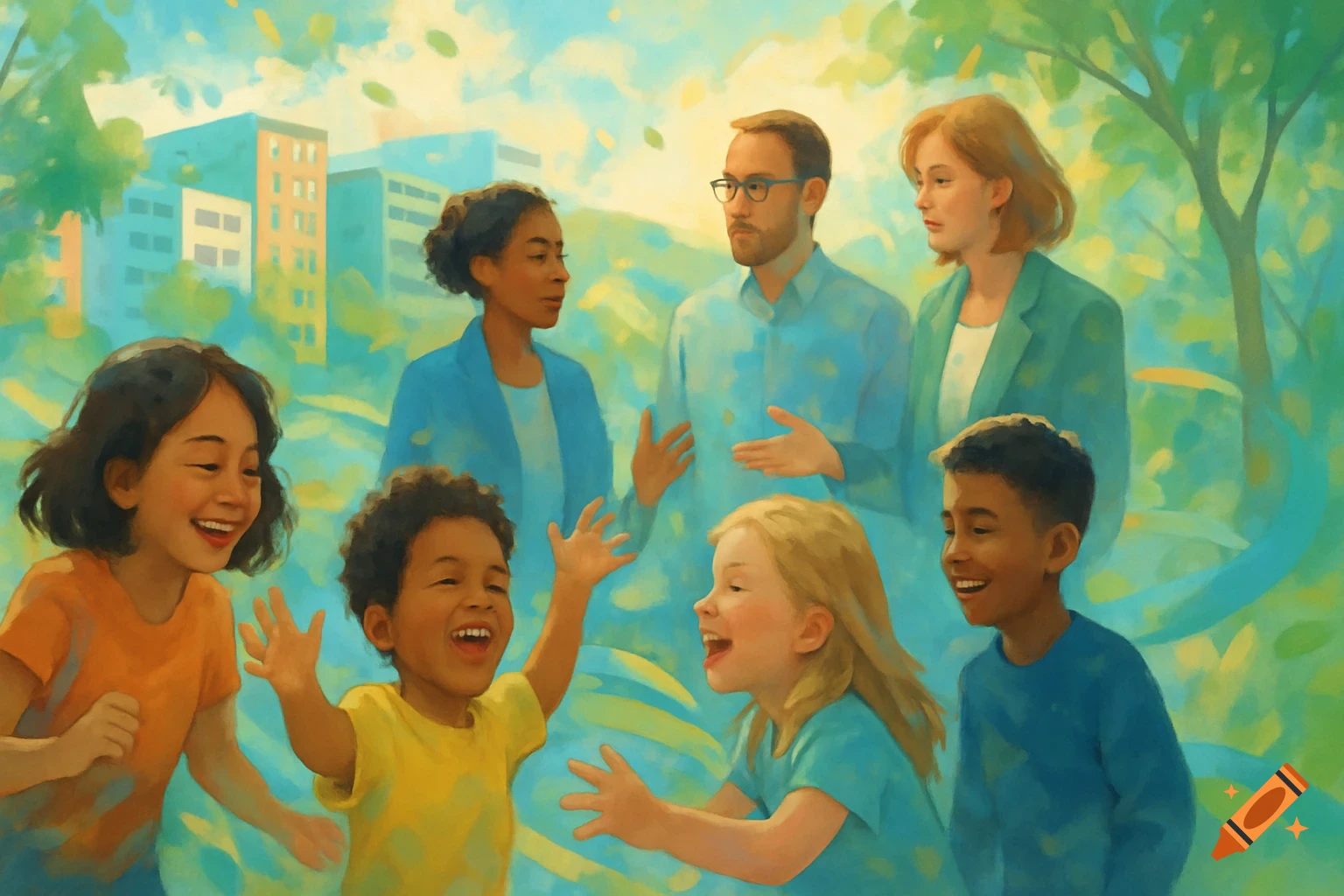 Painterly illustration of diverse adults and happy children interacting in a bright park with buildings.