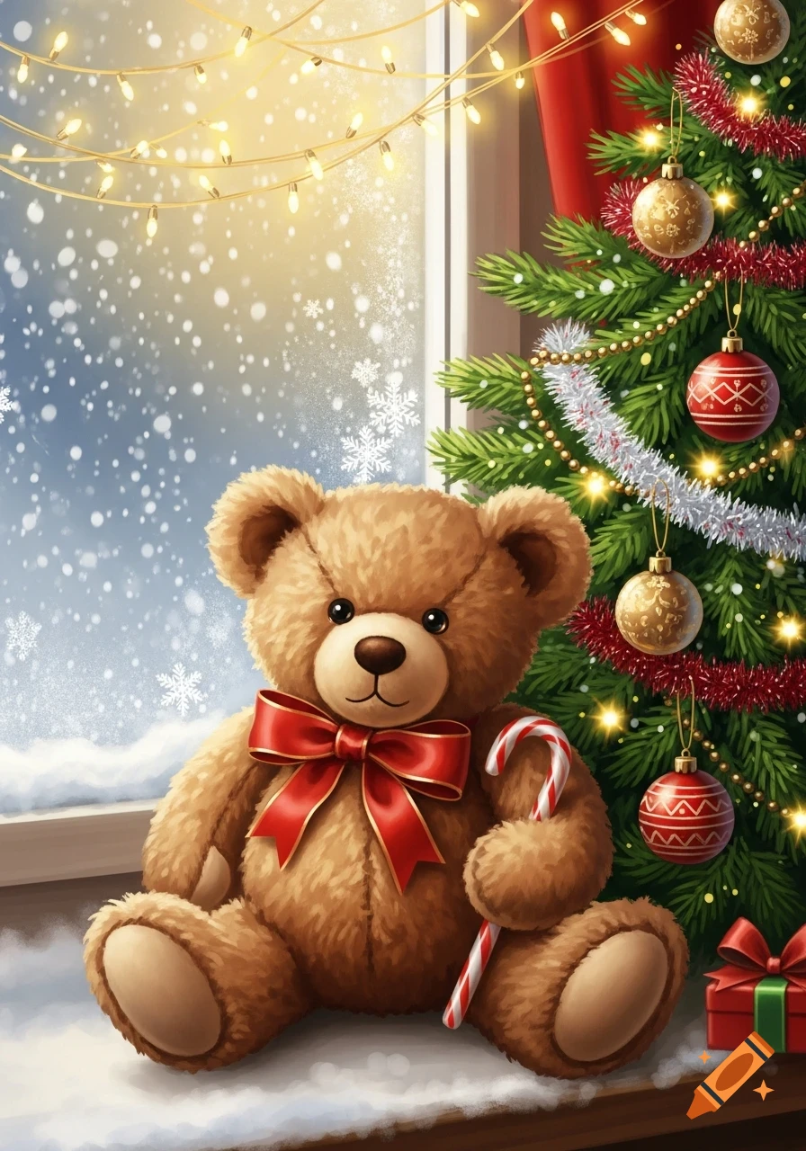 A brown teddy bear with a red bow sits by a window with falling snow, next to a decorated Christmas tree, holding a candy cane.