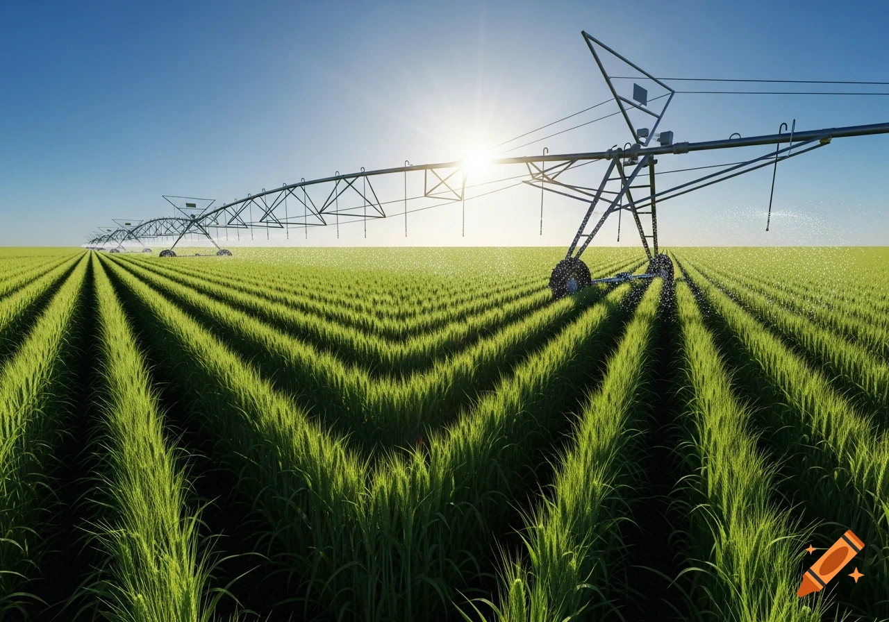 A center pivot irrigation system waters a vibrant green wheat field under a bright, sunny blue sky.