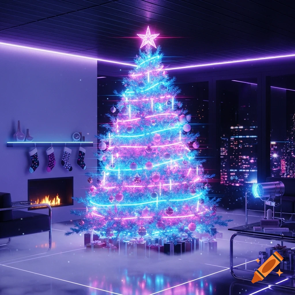 A glowing neon Christmas tree with pink and blue lights in a vaporwave-style room overlooking a city skyline at night.