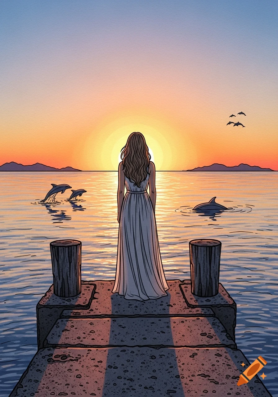 Illustration of a woman in a white dress standing on an old jetty, facing a vibrant sunset over the ocean with leaping dolphins.