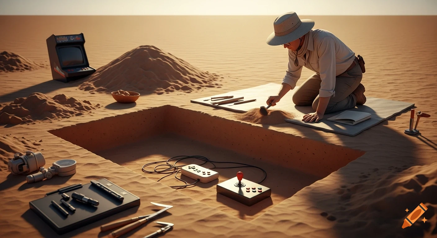 Photorealistic image of an archaeologist excavating vintage video game controllers and an arcade machine in a desert trench.