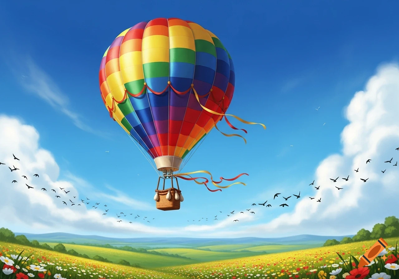 A vibrant rainbow hot air balloon floats above a sun-drenched field of colorful wildflowers, under a bright blue sky with white clouds and flying birds.