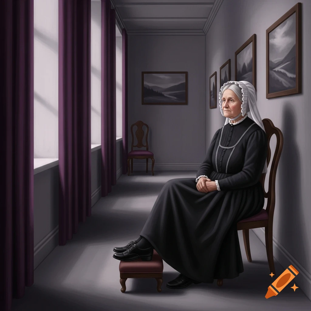Realistic painting of an elderly woman in a black dress and white bonnet, seated in a hallway with purple curtains and landscape art.