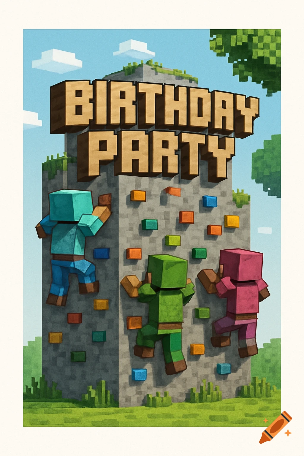 Minecraft-style illustration of "BIRTHDAY PARTY" text on a rock climbing wall with three blocky characters climbing.