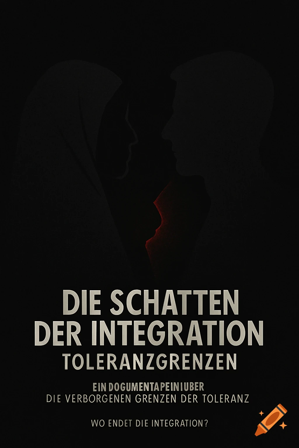 Minimalist movie poster with two dark silhouettes of a man and a woman facing each other on a black background. A jagged red glow fills the negative space between them. Text reads 'Die Schatten der Integration: Toleranzgrenzen'.
