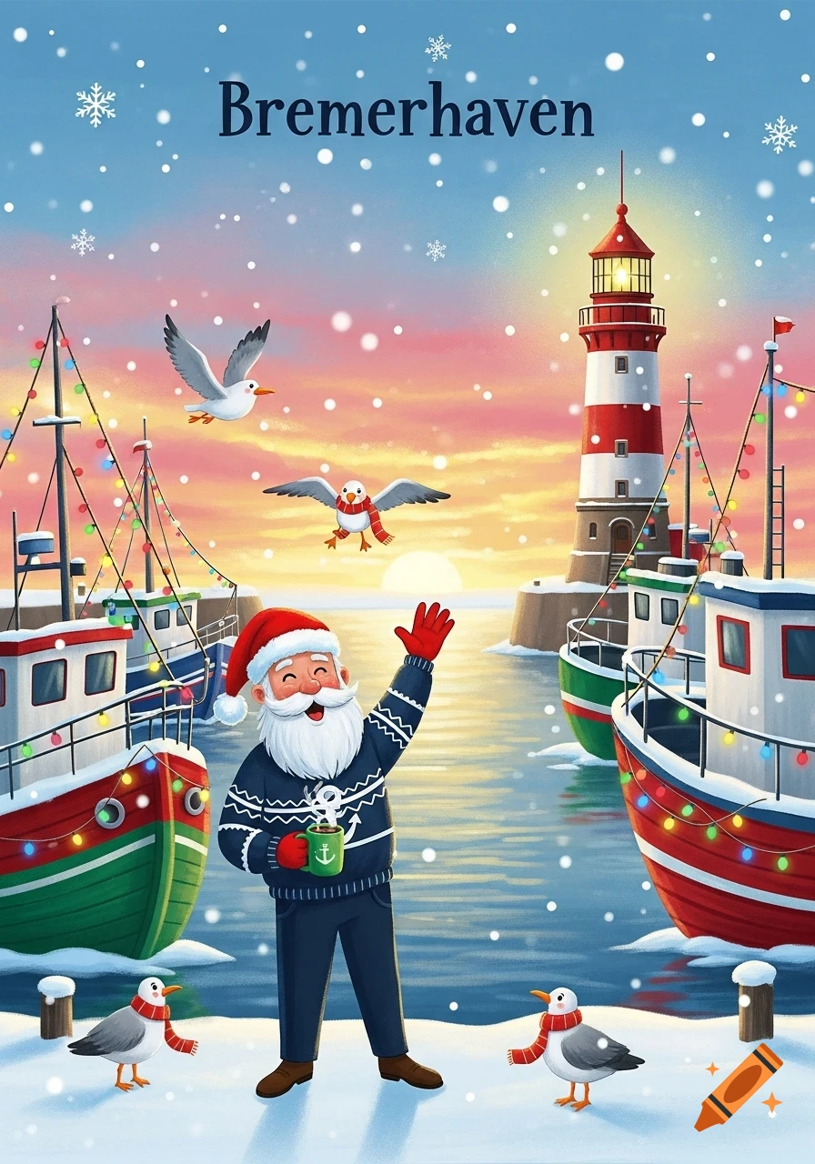 Illustrated Christmas card showing Santa waving in a snowy Bremerhaven harbor with decorated boats, seagulls, and a lighthouse at sunset.