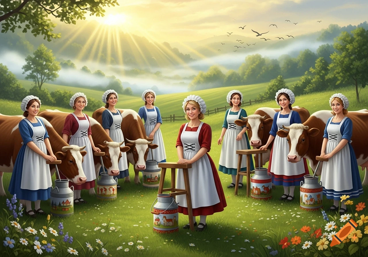 Eight milkmaids in traditional dresses stand with cows and milk pails in a sunny, green field with rolling hills.