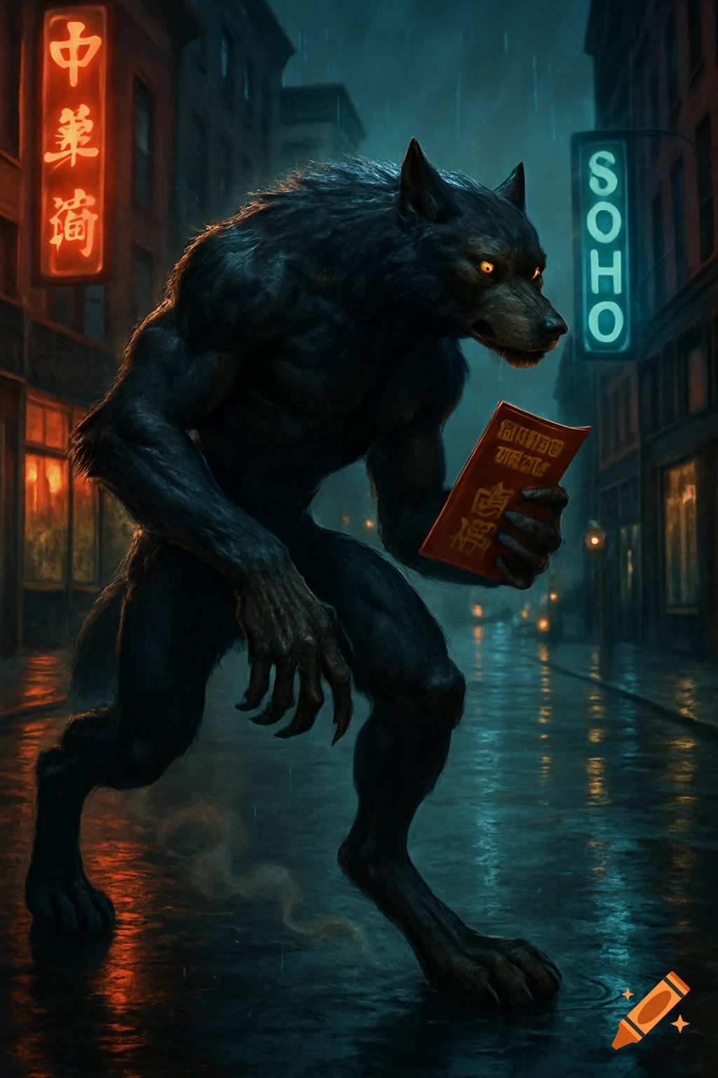 A dark werewolf with glowing yellow eyes holds a red Chinese menu while walking down a rainy city street at night, with neon signs for "中華閣" and "SOHO" in the background. Photorealistic style.