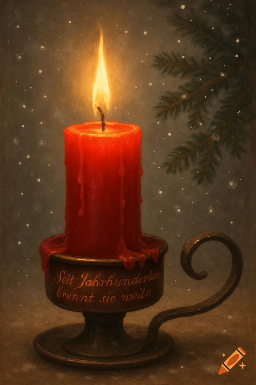A burning red Christmas candle in an ornate holder with German text, a pine branch, and falling snow.