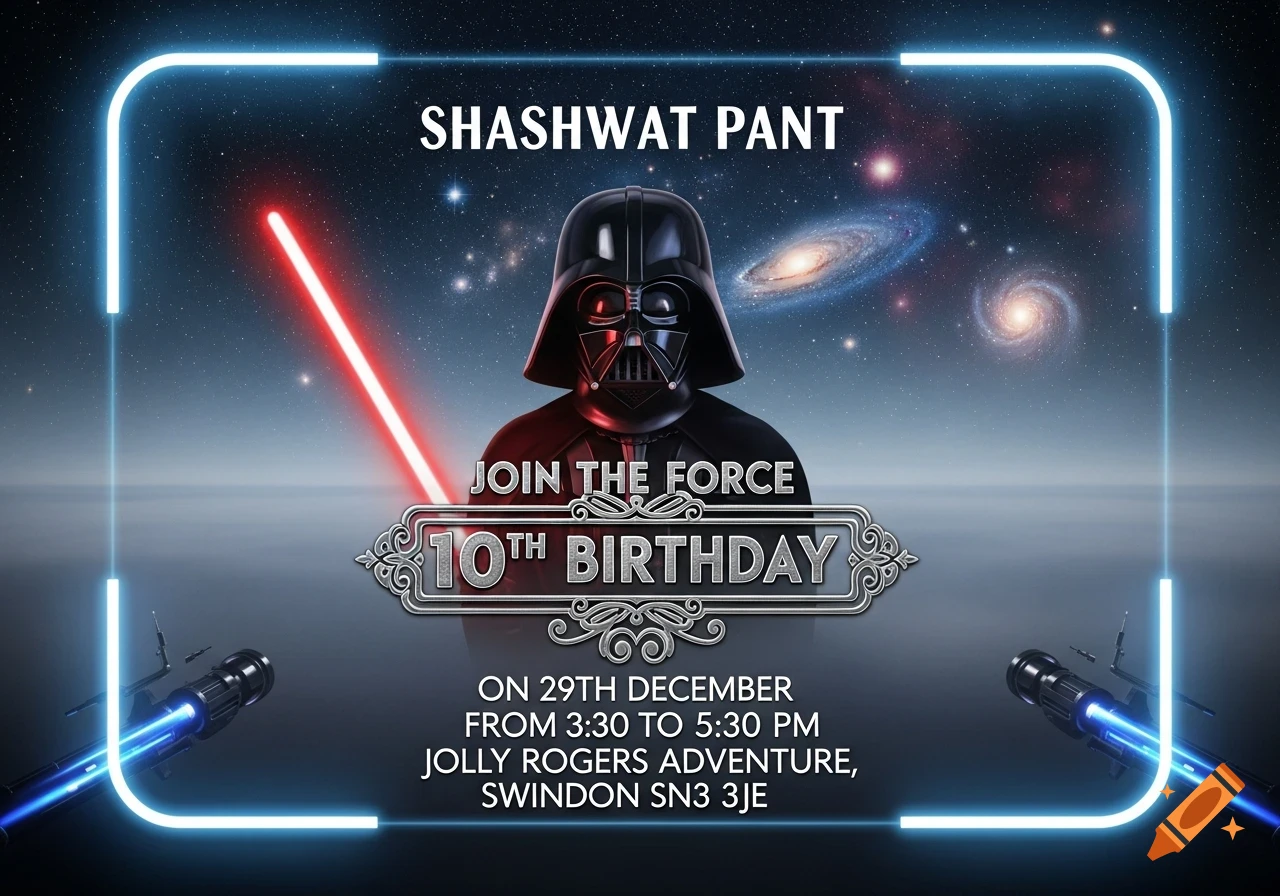 Star Wars themed 10th birthday invitation featuring Darth Vader holding a red lightsaber, against a cosmic background with galaxies. It has a neon blue frame and event details.