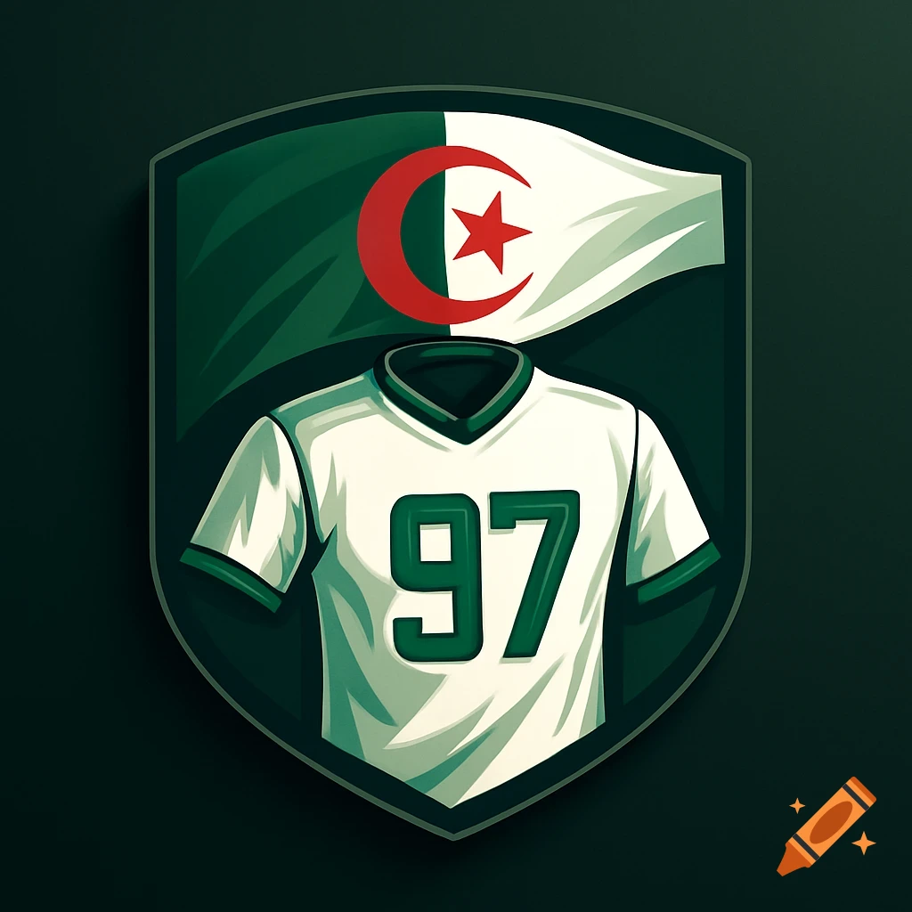 A stylized logo featuring a white jersey with green number 97, centered below a waving Algerian flag, all within a dark green shield.