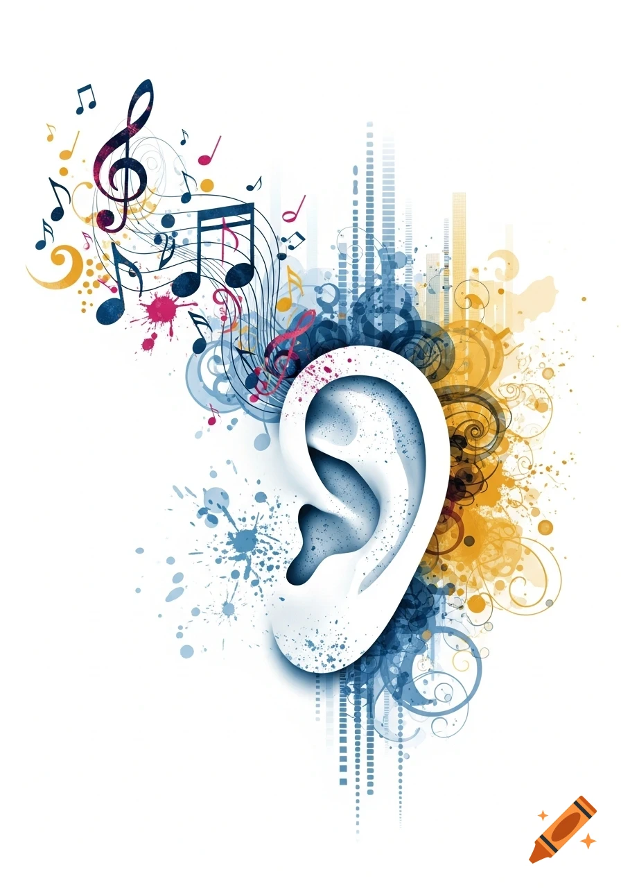 Stylized illustration of an ear with colorful musical notes, abstract splatters, and patterns on a white background.