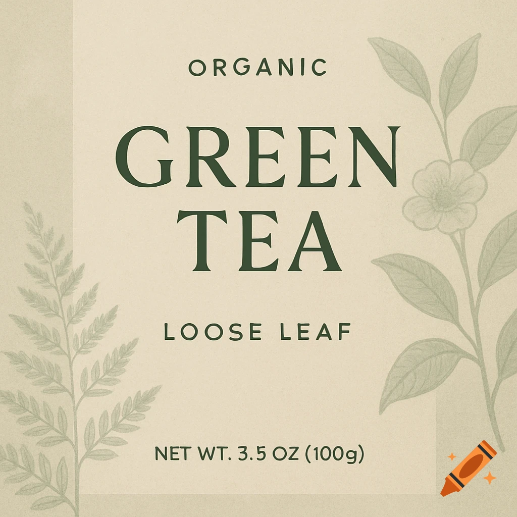 A minimalist green tea label with dark green text on a light beige background, featuring delicate green botanical illustrations of leaves and flowers.