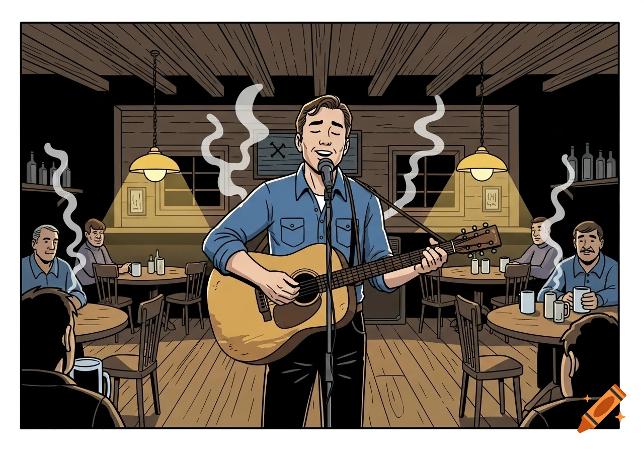 A man in a blue shirt sings into a microphone while playing an acoustic guitar in a dimly lit barroom with patrons, in a comic art style.