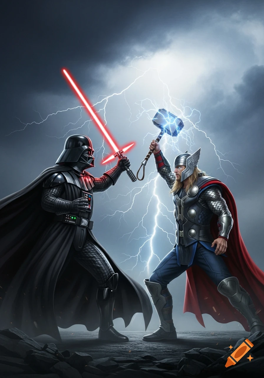 Darth Vader and Thor battle amidst a stormy sky with lightning; Vader wields a red lightsaber, Thor raises Mjolnir.