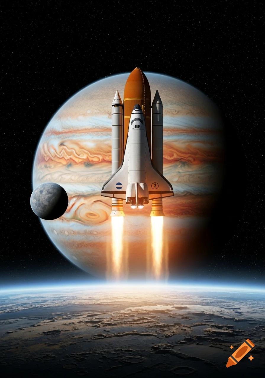 A space shuttle launches from Earth's orbit with Jupiter and a moon in the background against a starry sky.