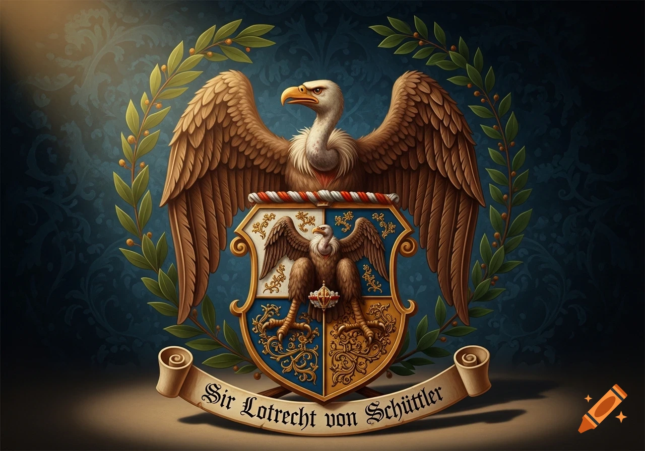 Ornate coat of arms featuring a large eagle with outstretched wings, a shield with a smaller eagle, and a green wreath, with 'Sir Lotrecht von Schüttler' on a scroll.
