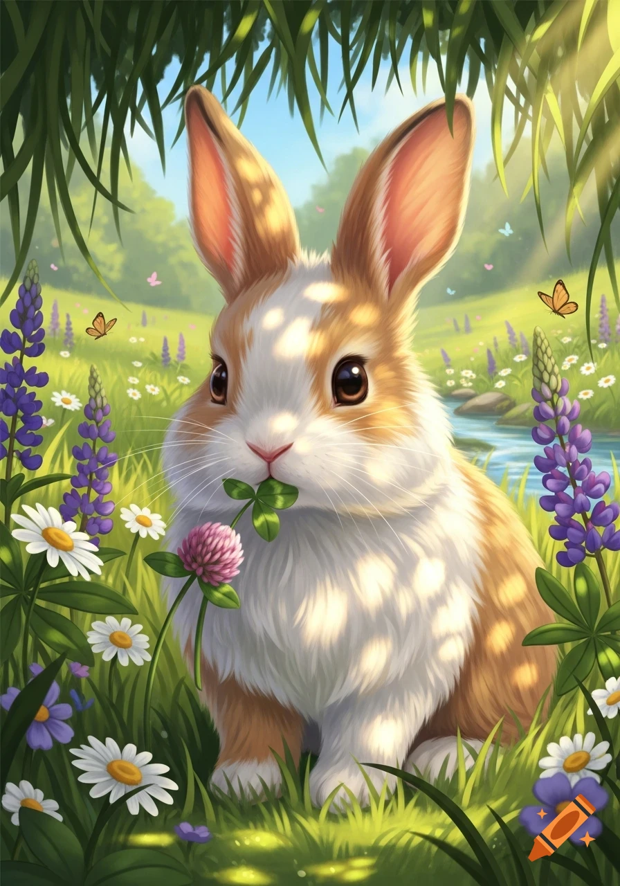 A cute brown and white rabbit sits in a sunny field, holding a clover, surrounded by purple lupines and white daisies.