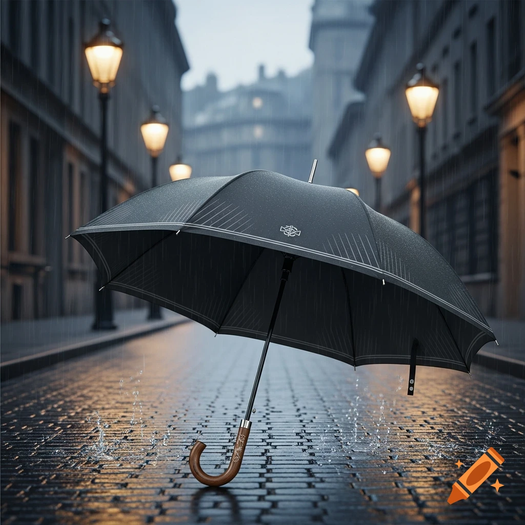 A black umbrella stands upright on a wet cobblestone street during a rain shower, with warm streetlights illuminating the background.