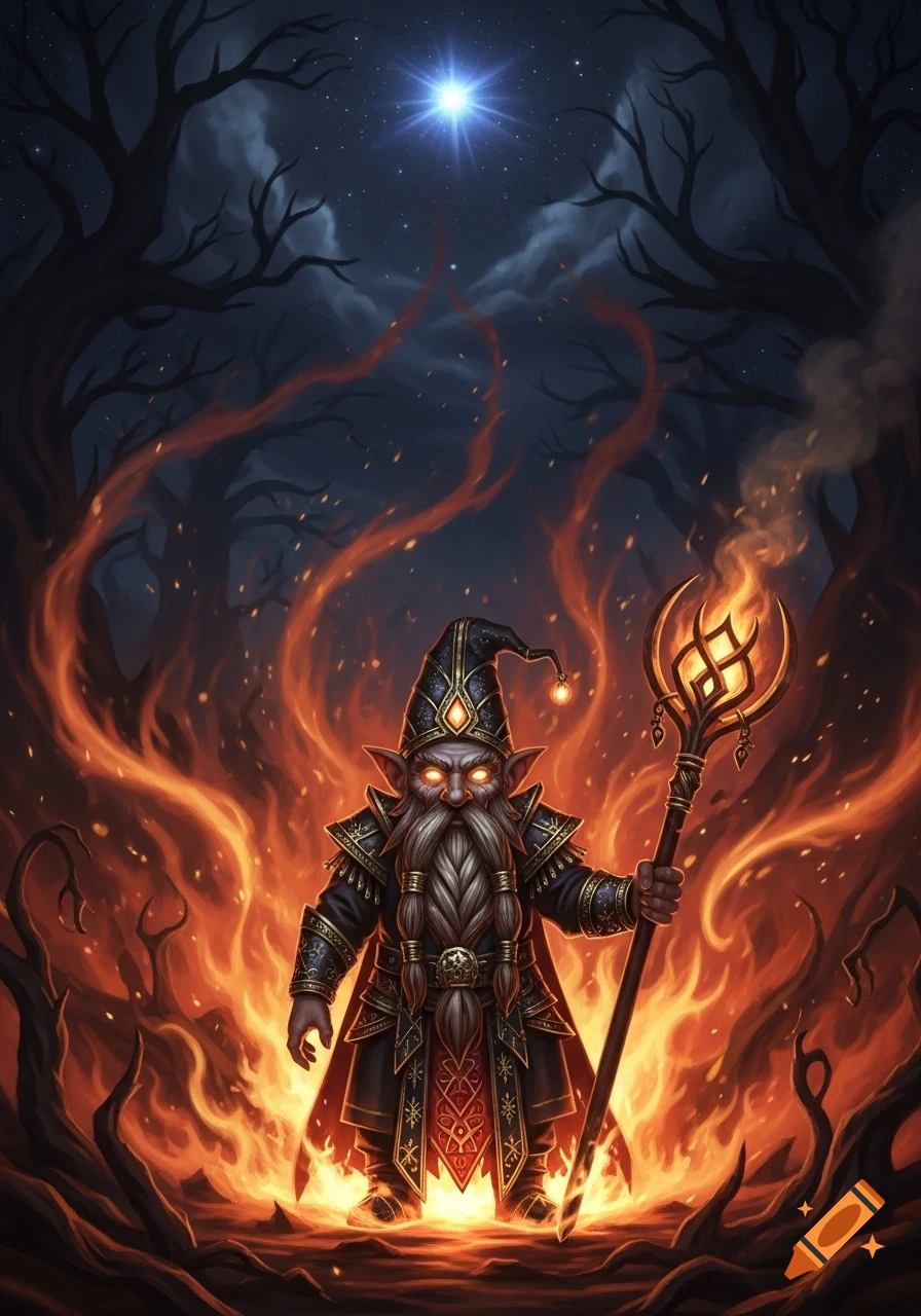 A dwarf wizard with glowing eyes and a long beard stands amidst a fiery forest at night, holding a magical staff.