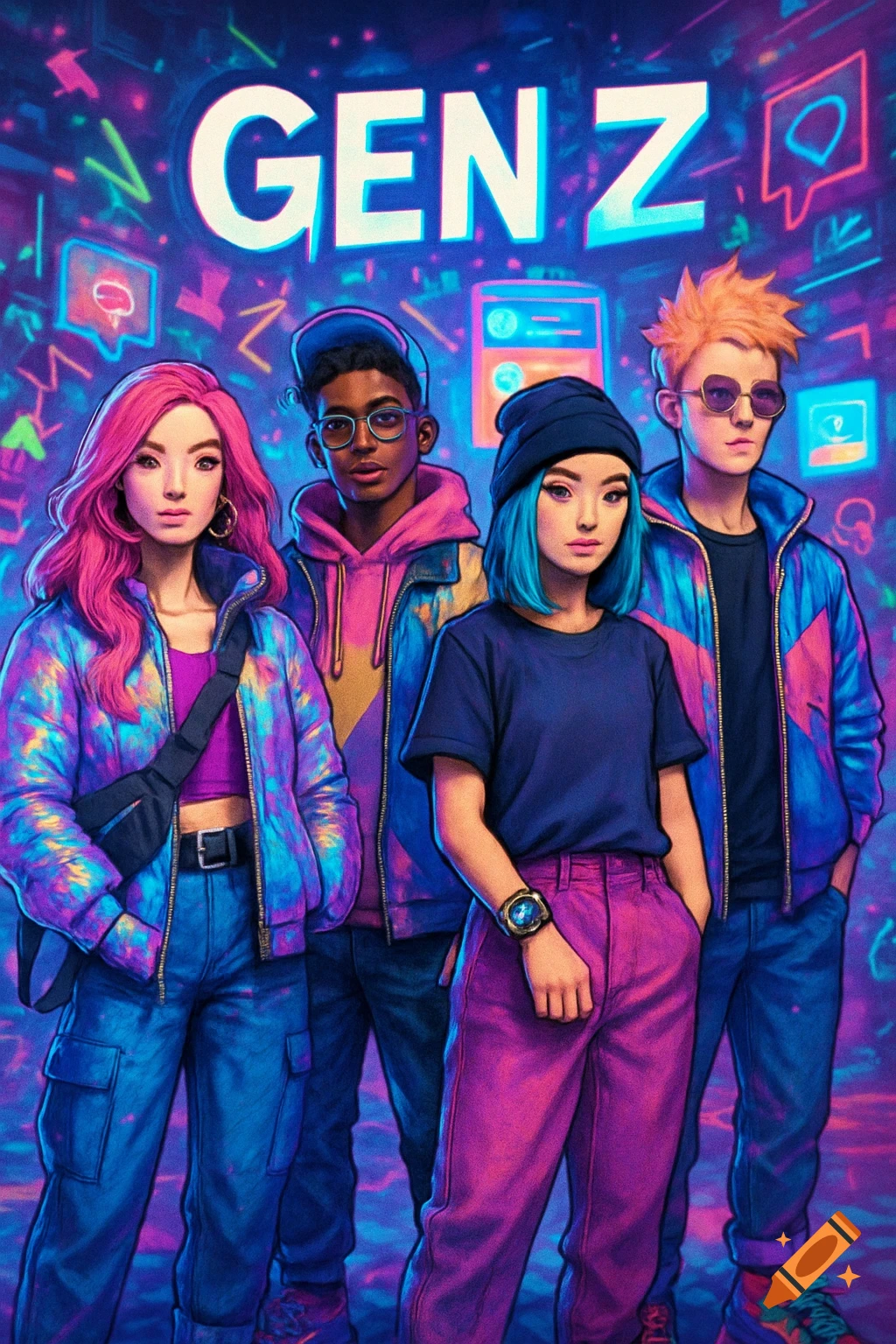 Four diverse young people in colorful outfits and hair stand in a vibrant neon digital art background with "GEN Z" text.