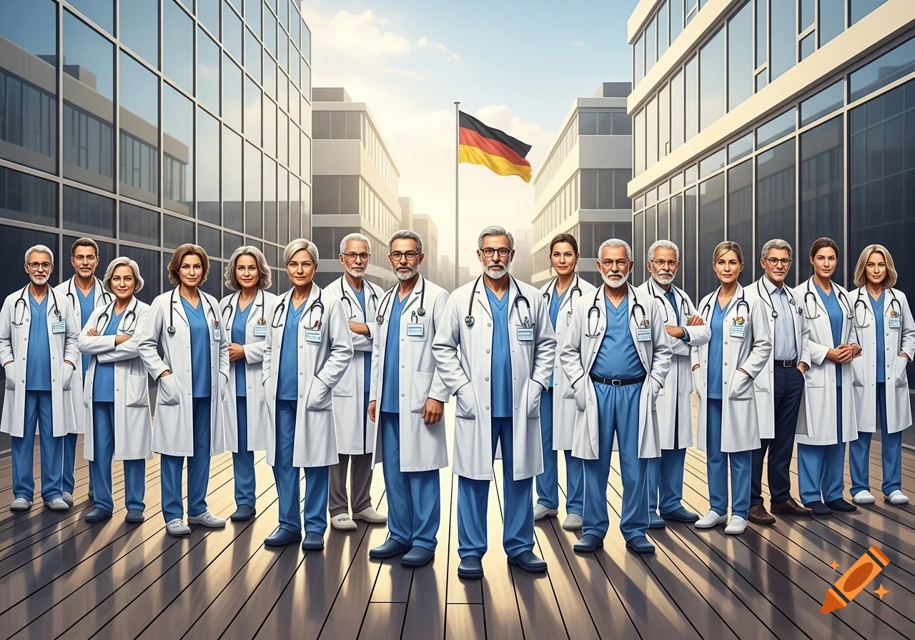 A diverse group of doctors in white lab coats and blue scrubs standing in front of modern glass buildings under a German flag.