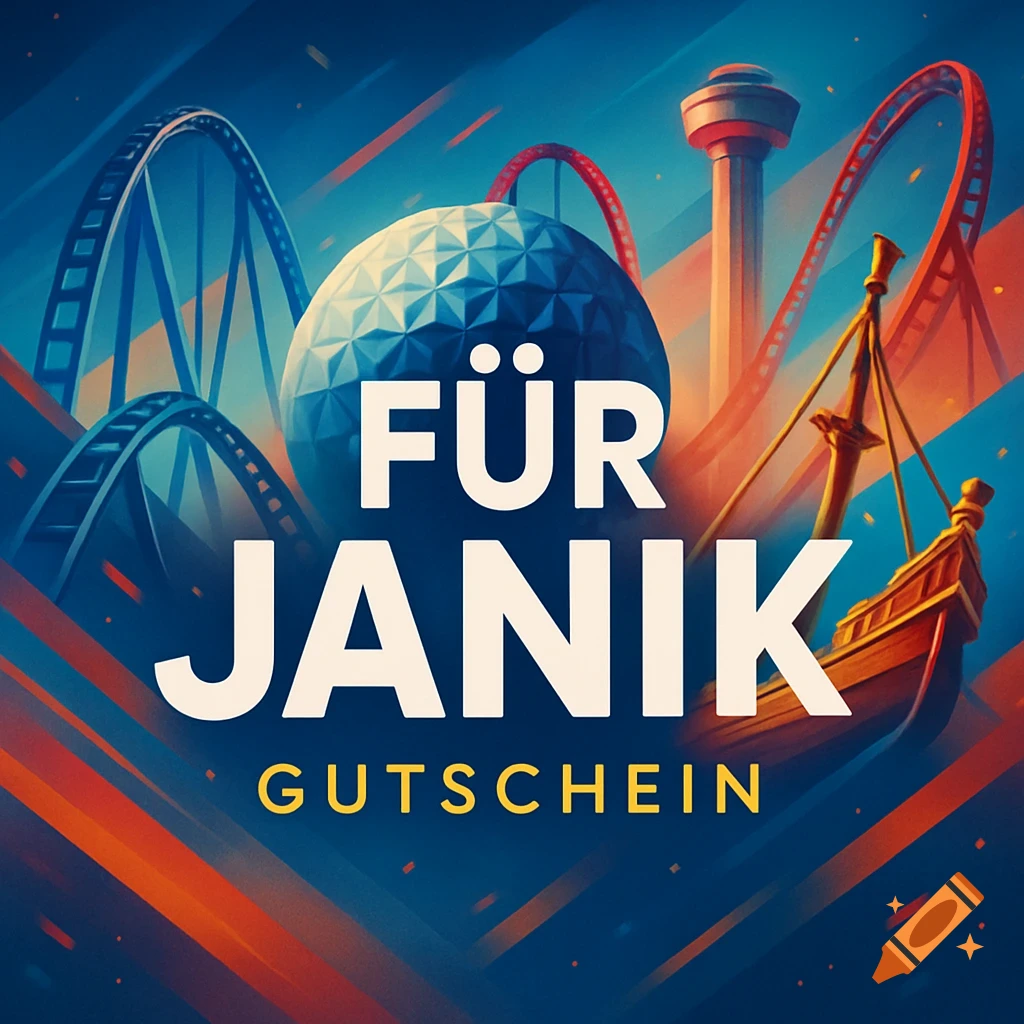 Stylized graphic of amusement park attractions like roller coasters, a dome, and a ship with the text 'FÜR JANIK GUTSCHEIN'.