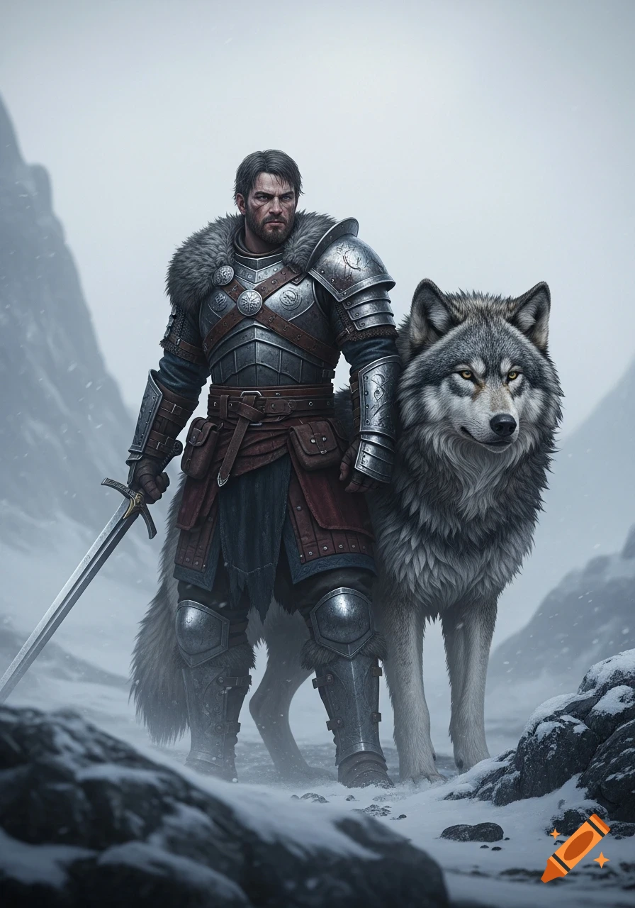 A formidable warrior in intricate armor stands with a majestic wolf in a snowy mountain landscape.