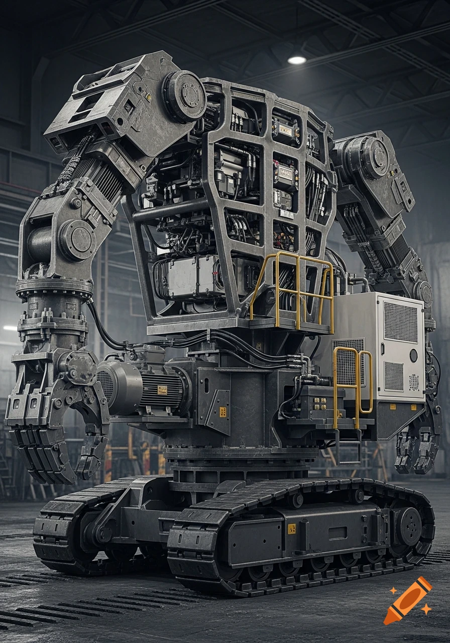 Massive grey industrial humanoid robot on tracks, with exposed machinery and heavy steel construction, in an industrial hall. Photorealistic.