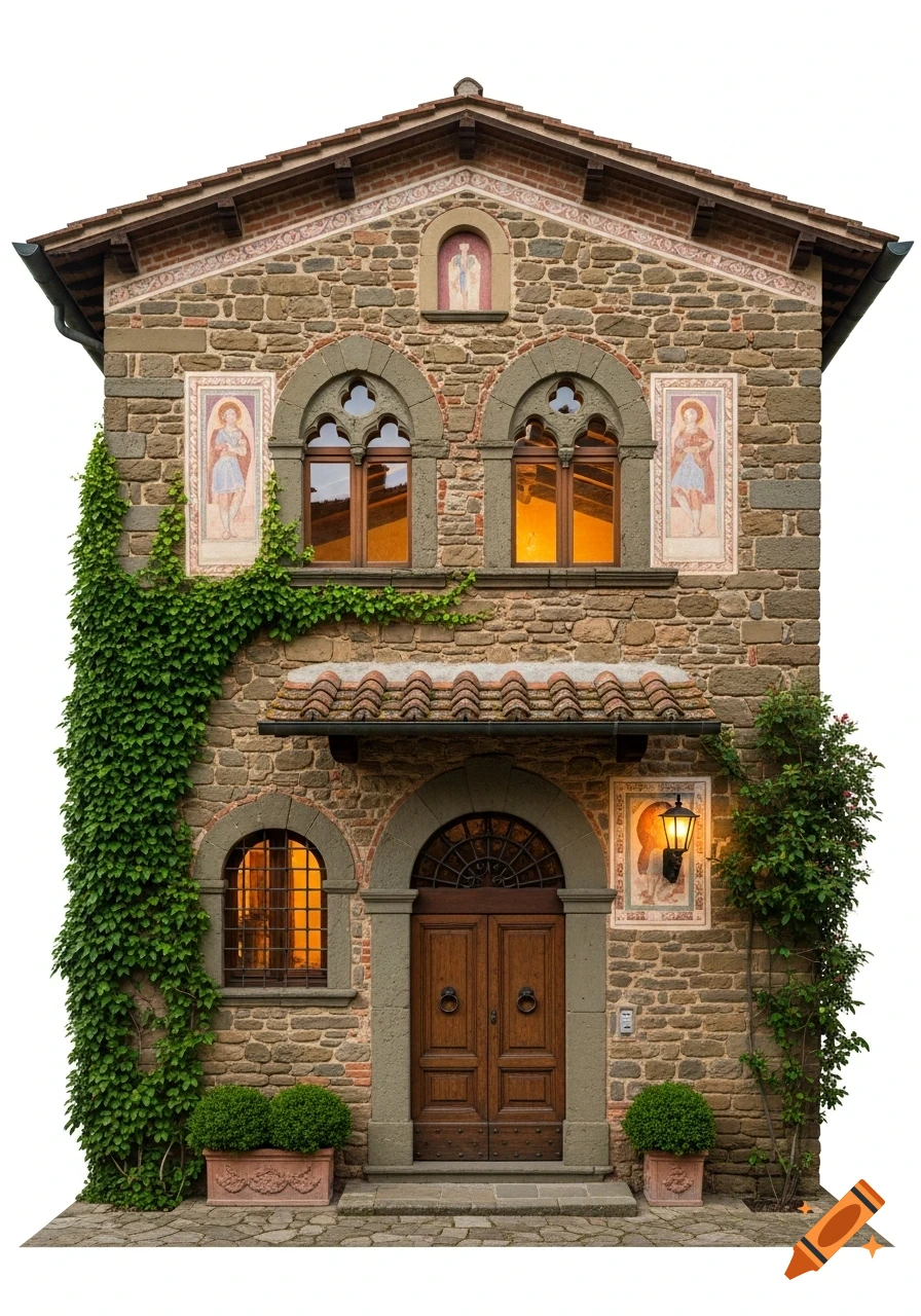 Front view of a medieval Italian stone house with arched windows, a large wooden door, climbing ivy, and decorative murals.