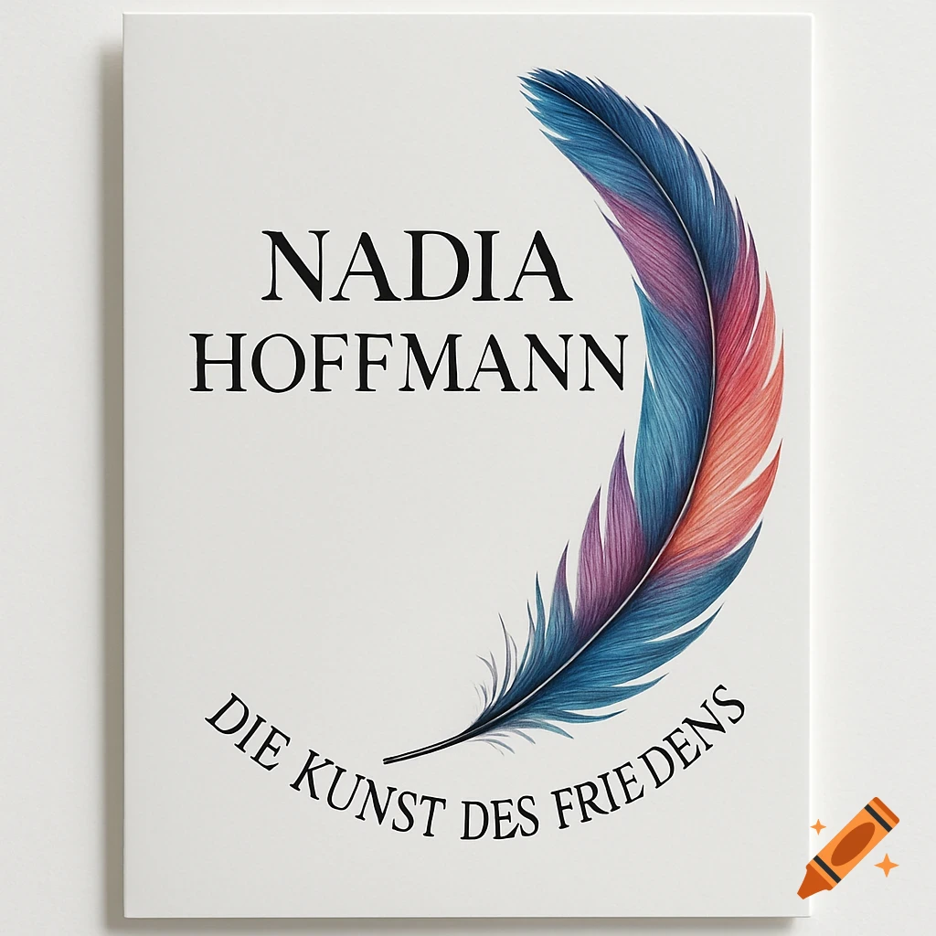 White invitation design with 'Nadia Hoffmann', 'Die Kunst des Friedens', and a long colorful feather in blue, purple, and red.