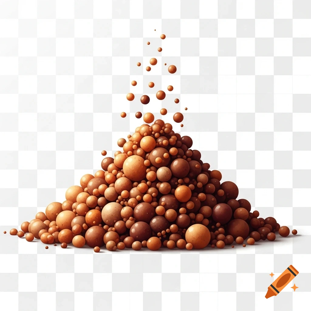 A cartoonish pile of brown and reddish-brown spheres resembling clay dust, with some floating above, on a transparent background.