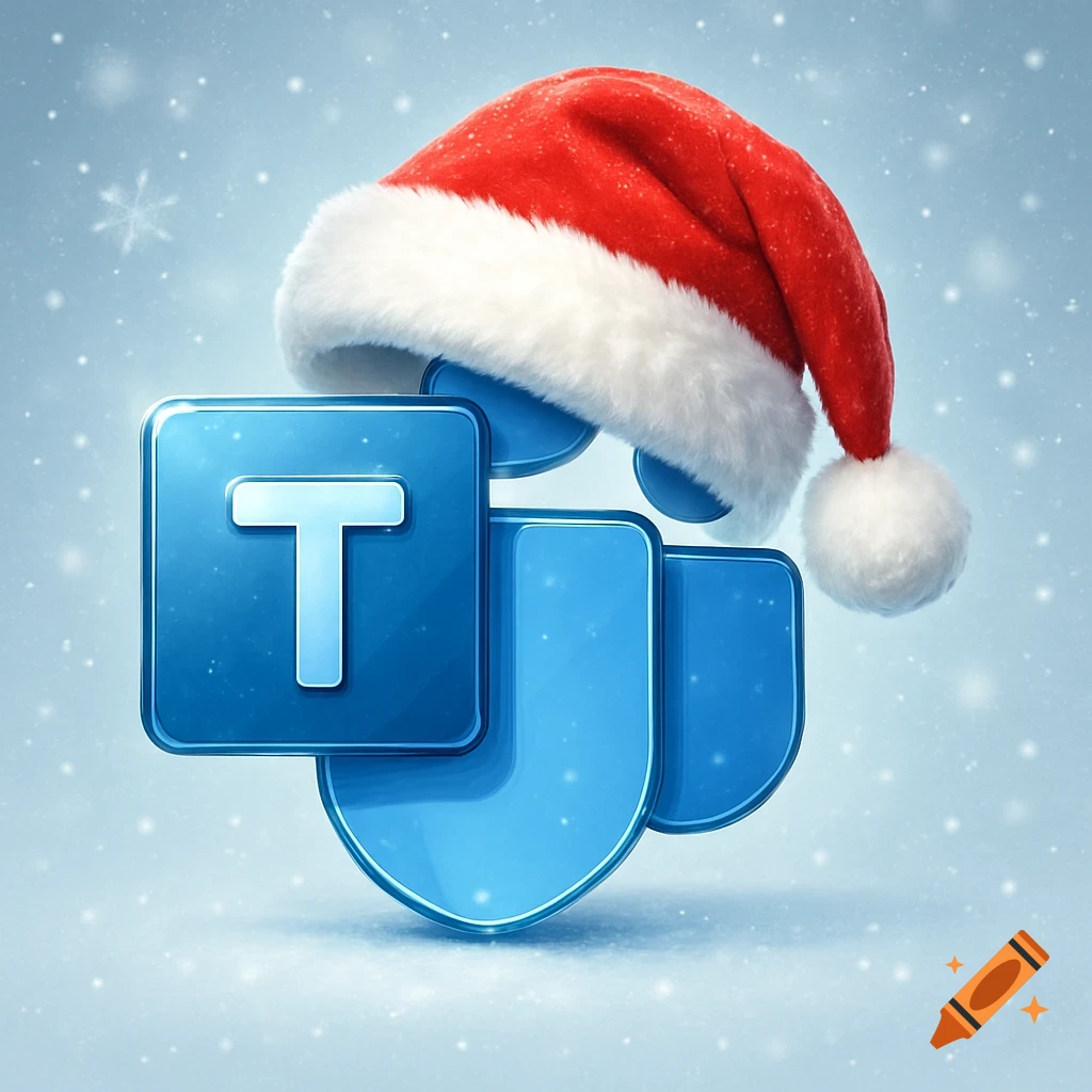 Stylized blue Microsoft Teams logo wearing a red Santa hat, with falling snow on a light blue background.