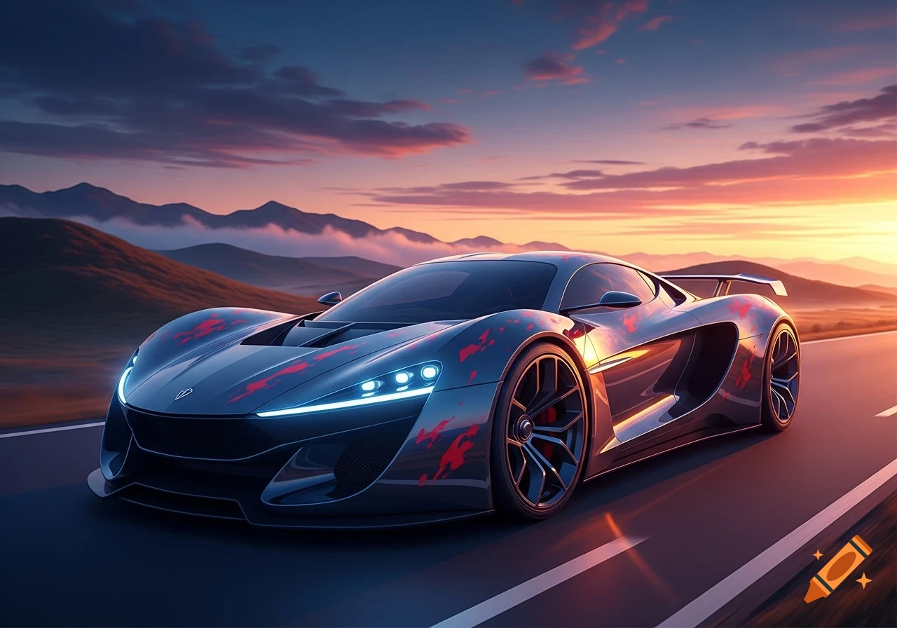 Futuristic grey sports car with red accents and glowing headlights, driving on a road against a vibrant sunset over mountains.