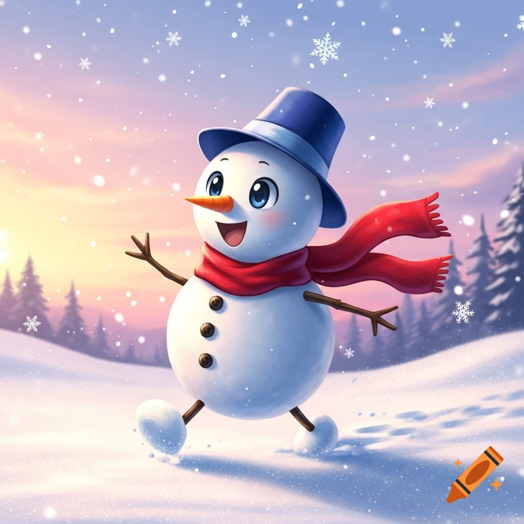 A cute anime snowman with a blue hat and red scarf walks happily through a snowy landscape with falling snowflakes at sunset.
