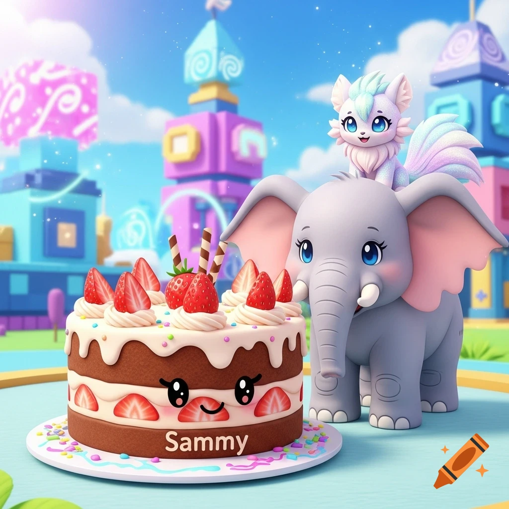 A cute cartoon elephant with a small fantasy animal on its head stands next to a strawberry cake with 'Sammy' on it, in a whimsical, colorful world.