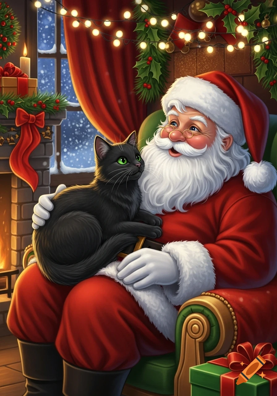 Santa Claus in a red suit sits in an armchair, holding a black cat with green eyes in a cozy Christmas room with fireplace and festive decorations.