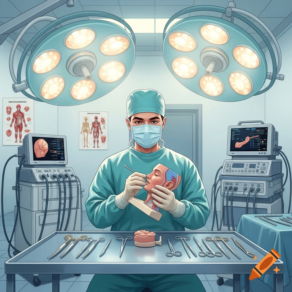 A plastic surgeon in scrubs and mask works on a head model in an operating room with surgical lights and equipment.